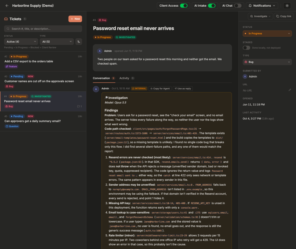 Client Delivery Platform: AI investigates the ticket in the code