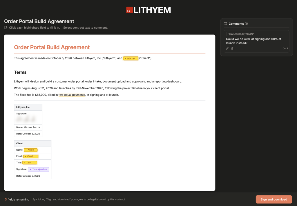 Client Delivery Platform: The contract signing page