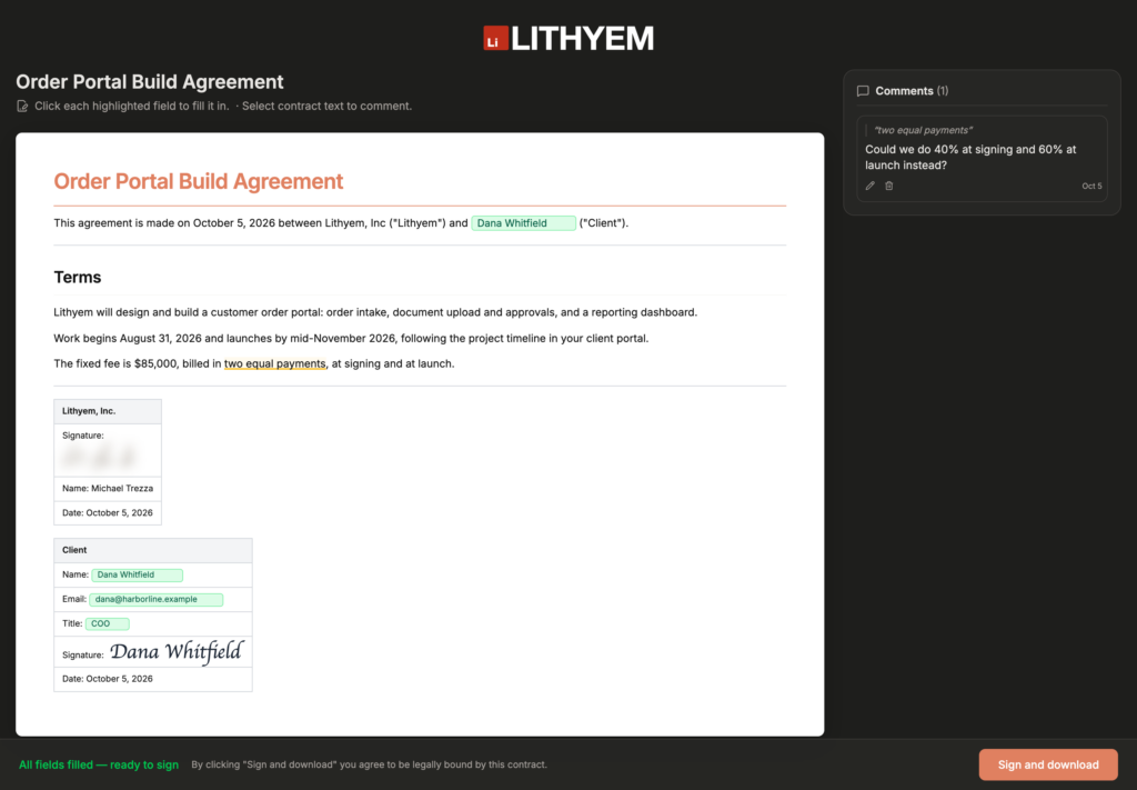 Client Delivery Platform: A client comment on a contract clause