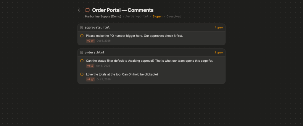 Client Delivery Platform: All comments, grouped by screen
