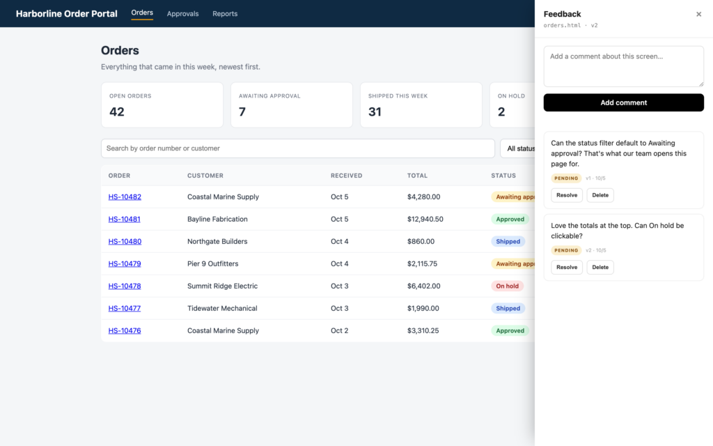 Client Delivery Platform: Feedback pinned to a prototype screen