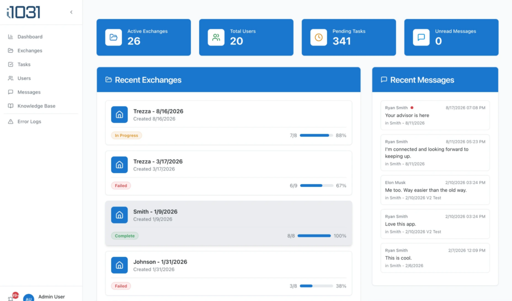 1031 Exchange Management Platform: The admin dashboard