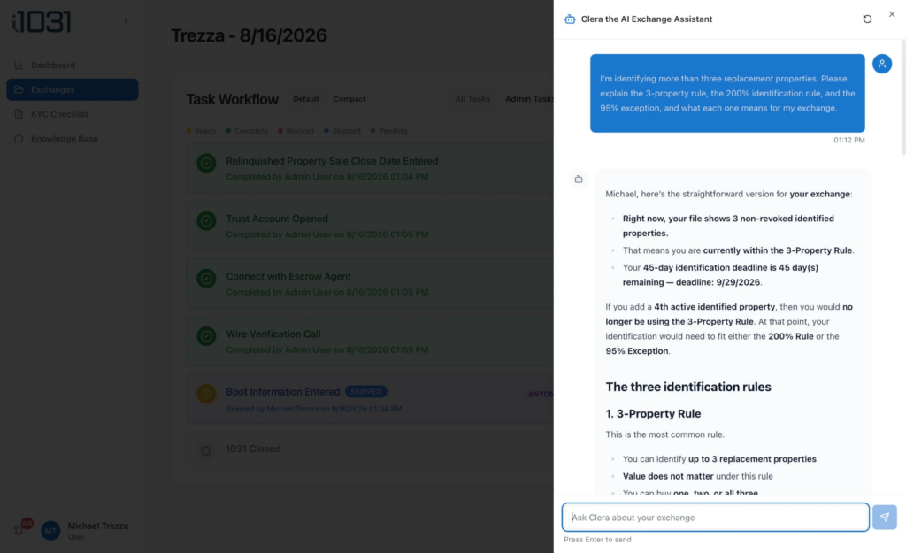 1031 Exchange Management Platform: The AI assistant answering from the exchange file