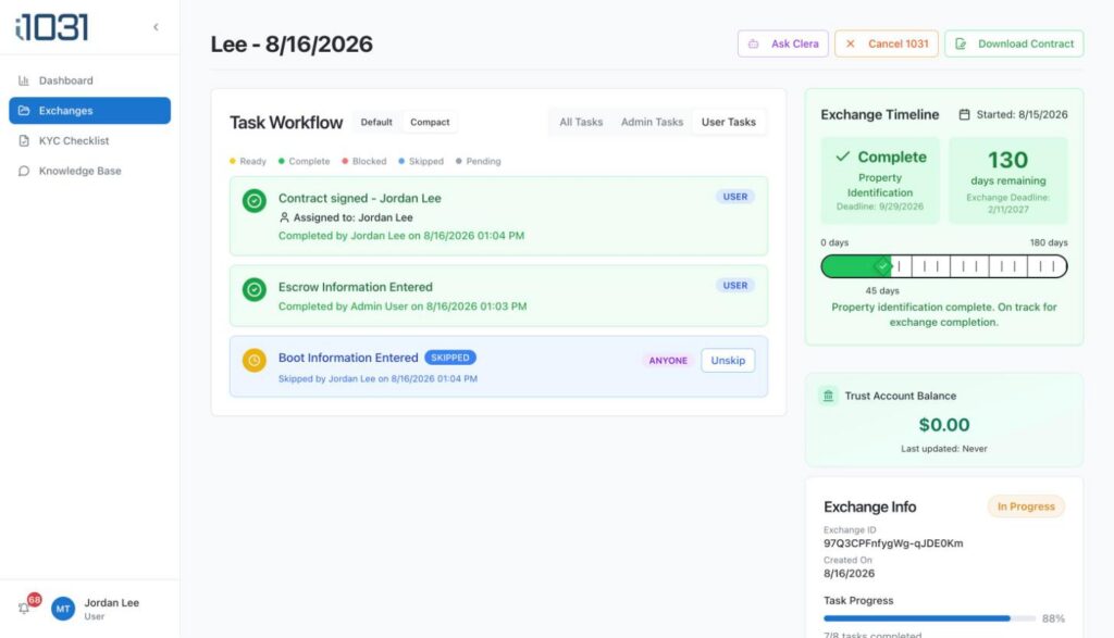 1031 Exchange Management Platform: The task workflow and exchange timeline