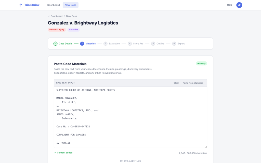 Opening Statement Generator: Pasting in the case materials