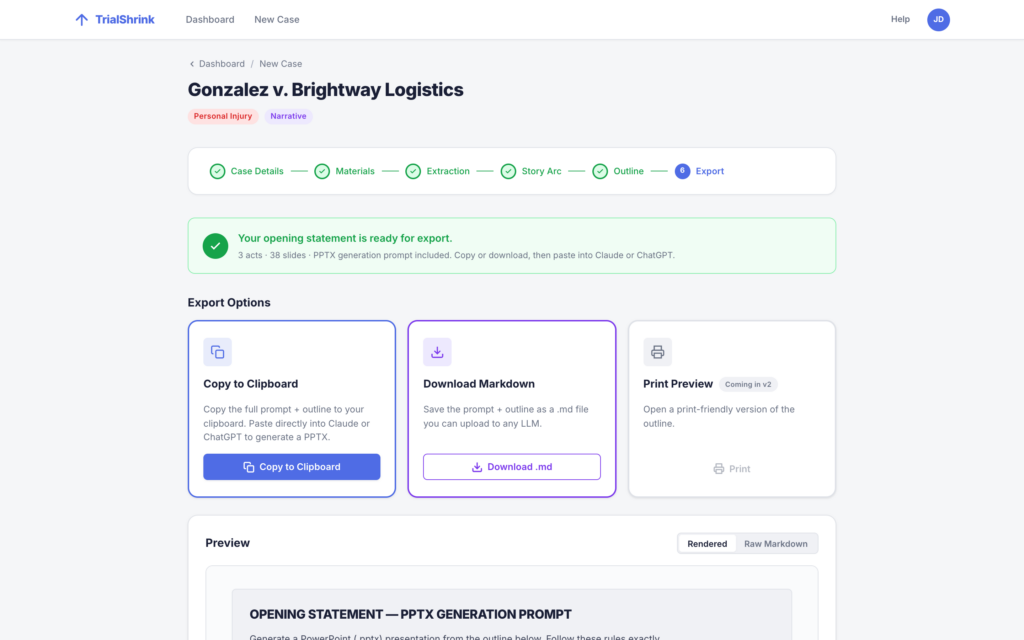 Opening Statement Generator: Exporting the finished statement