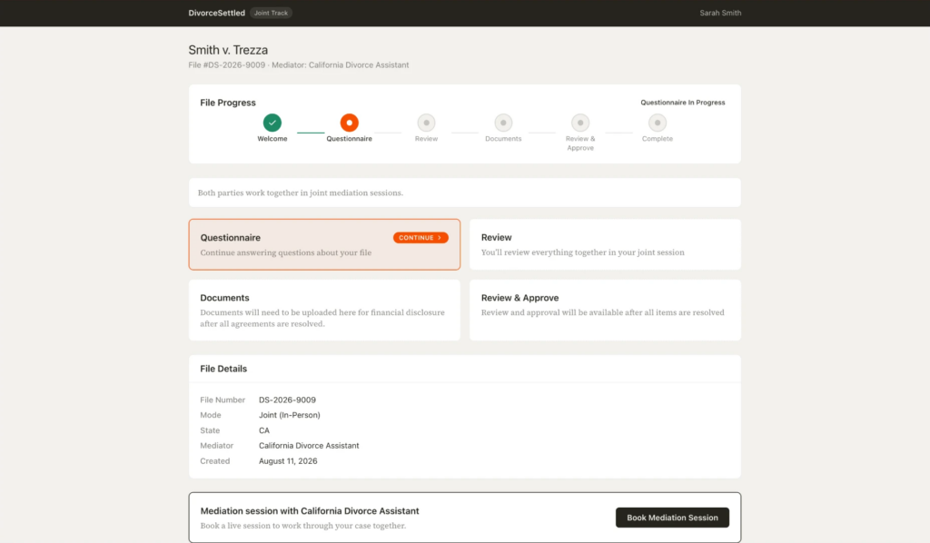 AI Mediation Platform: A party’s dashboard and progress