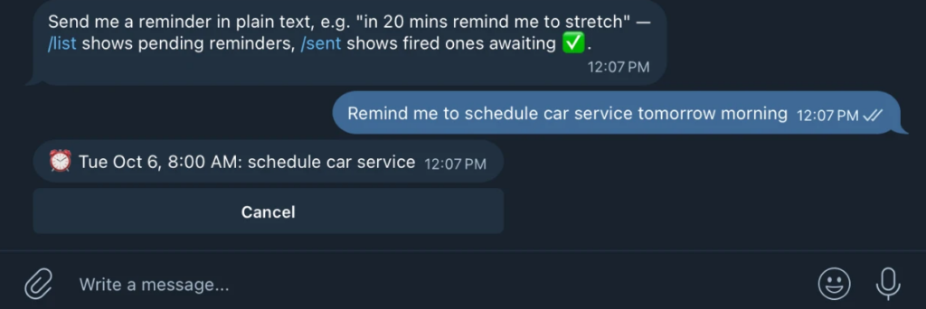 AI-Operated Reminder System: Setting a reminder from Telegram