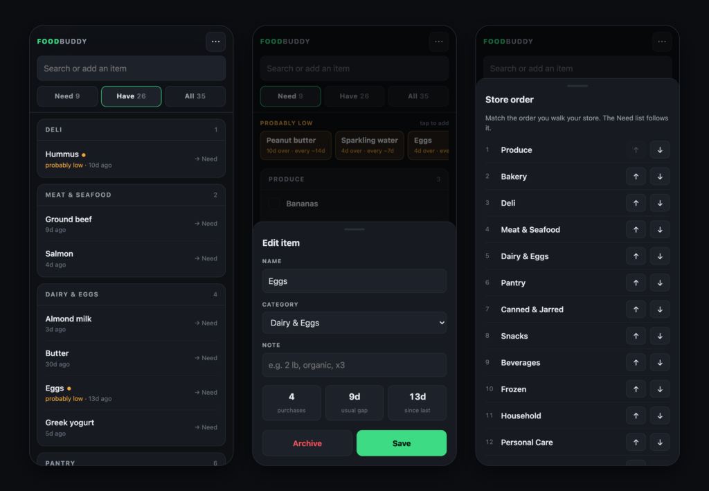 Mobile Grocery List App: What is running low, and the store order
