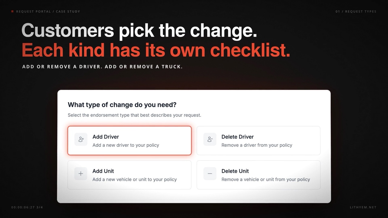 Request Portal video: add drivers and trucks to a policy, with AI document checks