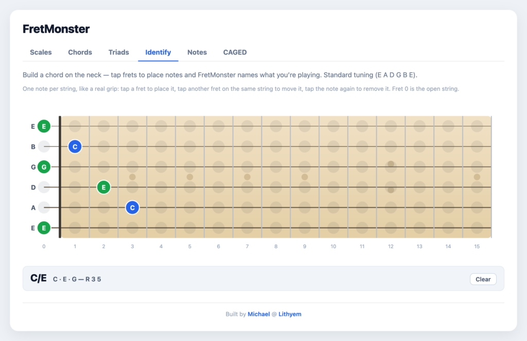 Interactive Fretboard Tools: Tap notes and it names the chord