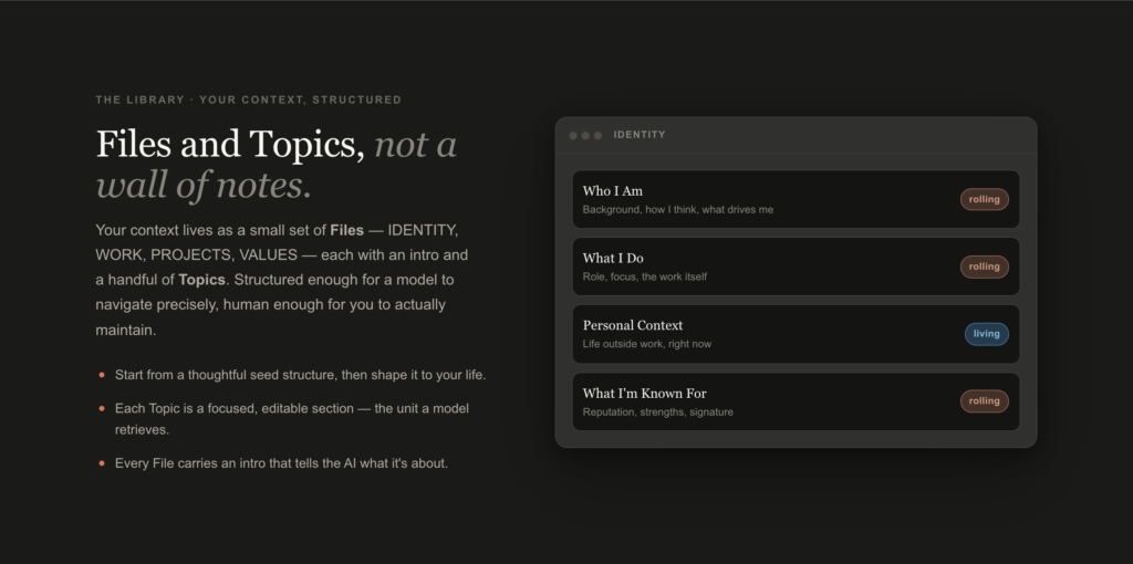 Personal Context Platform for AI Tools: Files and topics, not a wall of notes
