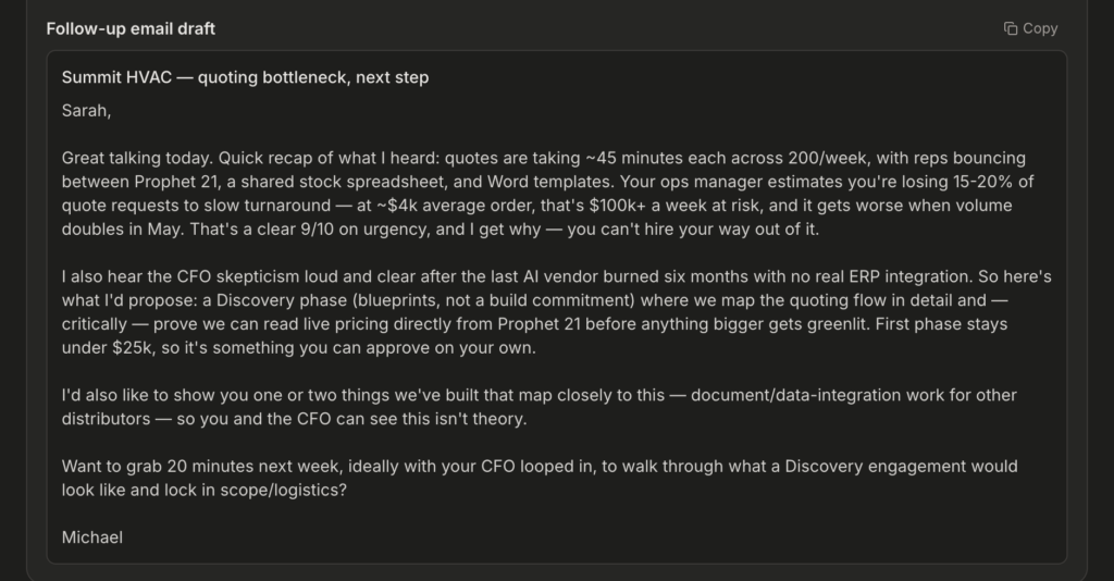 Real-Time Sales Copilot: The follow-up email, already drafted