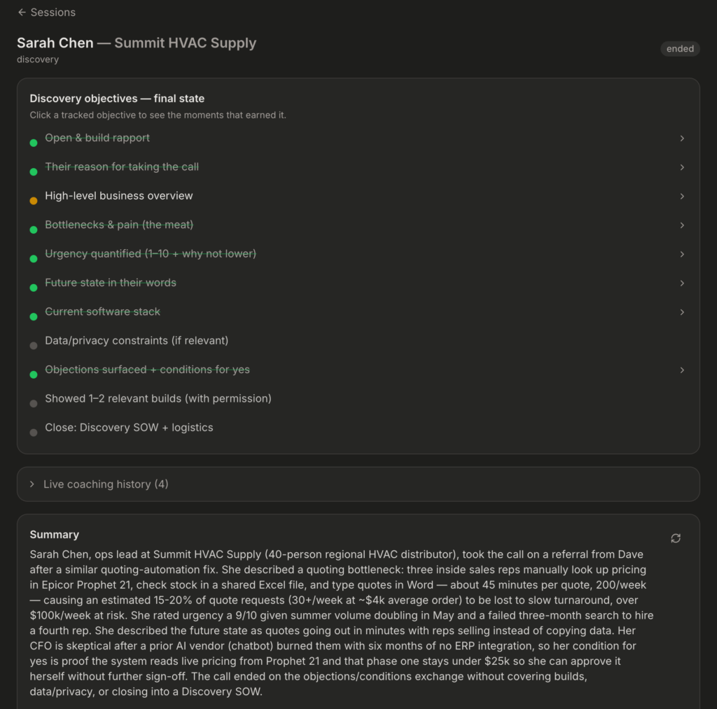 Real-Time Sales Copilot: After the call: scorecard and summary