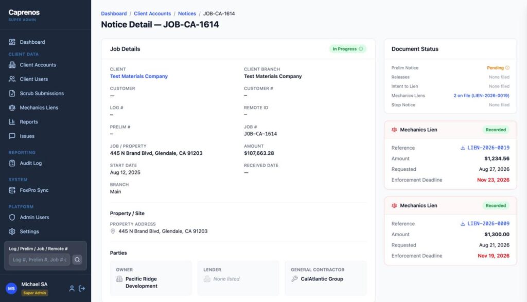 Client Portal for Lien Notices: One notice with its job details