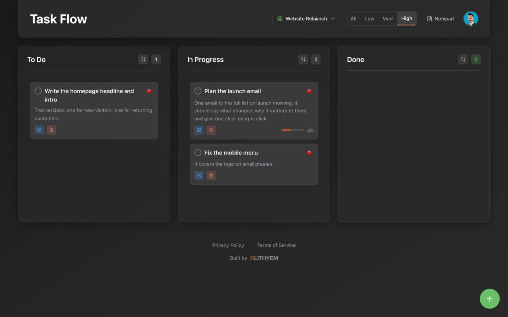 AI-Powered Task Board: The board filtered to high priority
